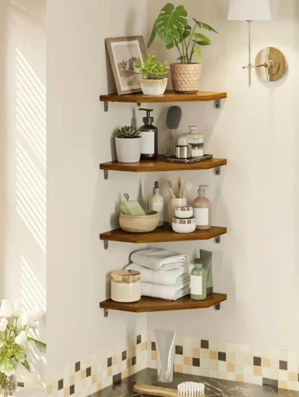 Brown Wood Corner Wall Display Shelves - 4 Pack
